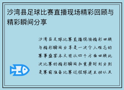沙湾县足球比赛直播现场精彩回顾与精彩瞬间分享